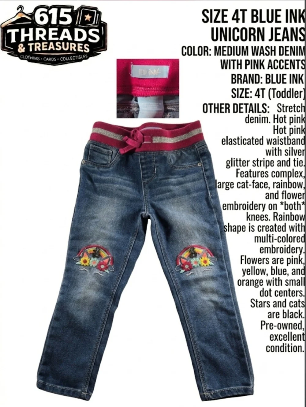 Girls' Medium Wash Denim Unicorn Jeans with Pink Waistband (4T)